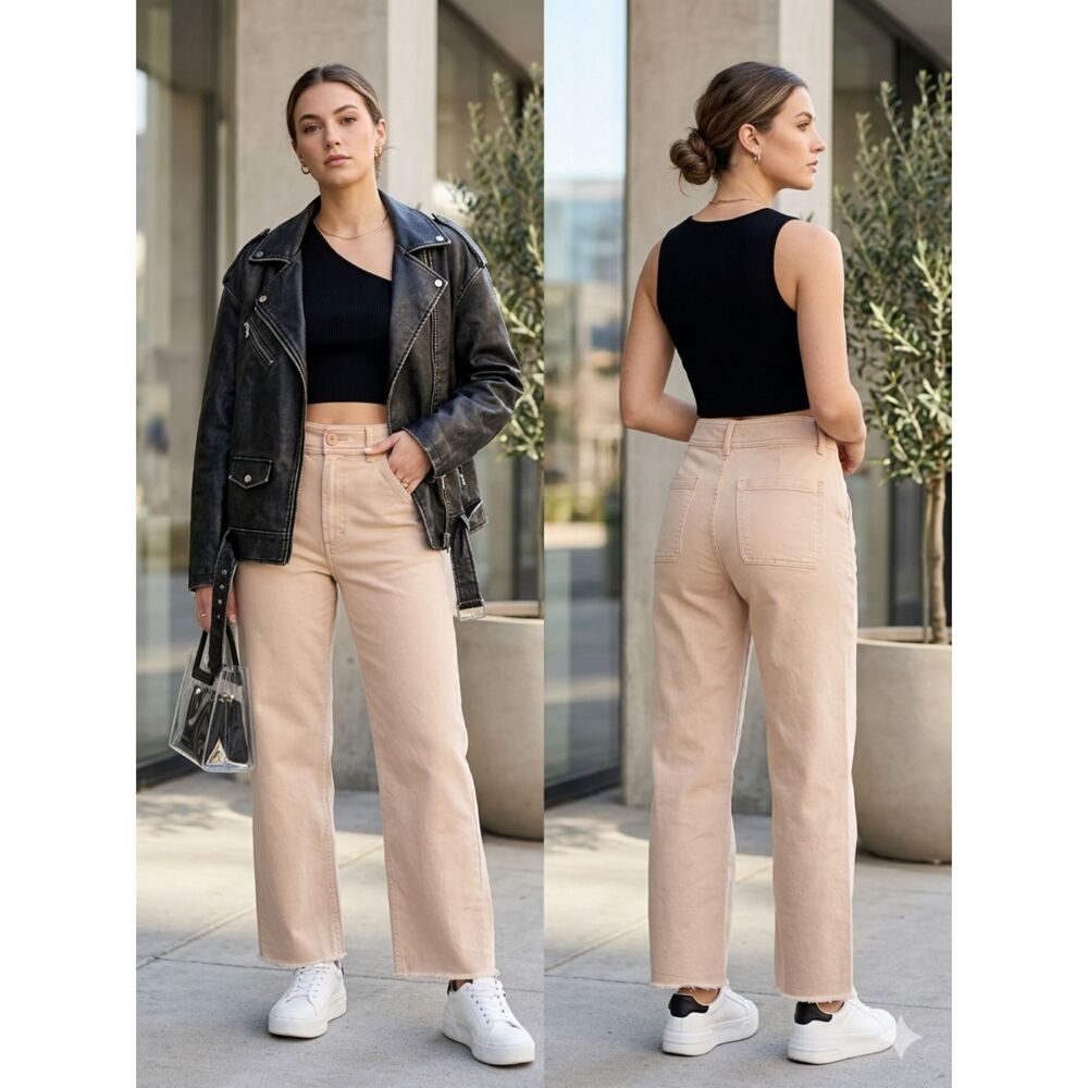 Lucky Brand Barrel Leg High Rise Jeans Women's Size 26 Sand/Dusty Rose Raw Hem